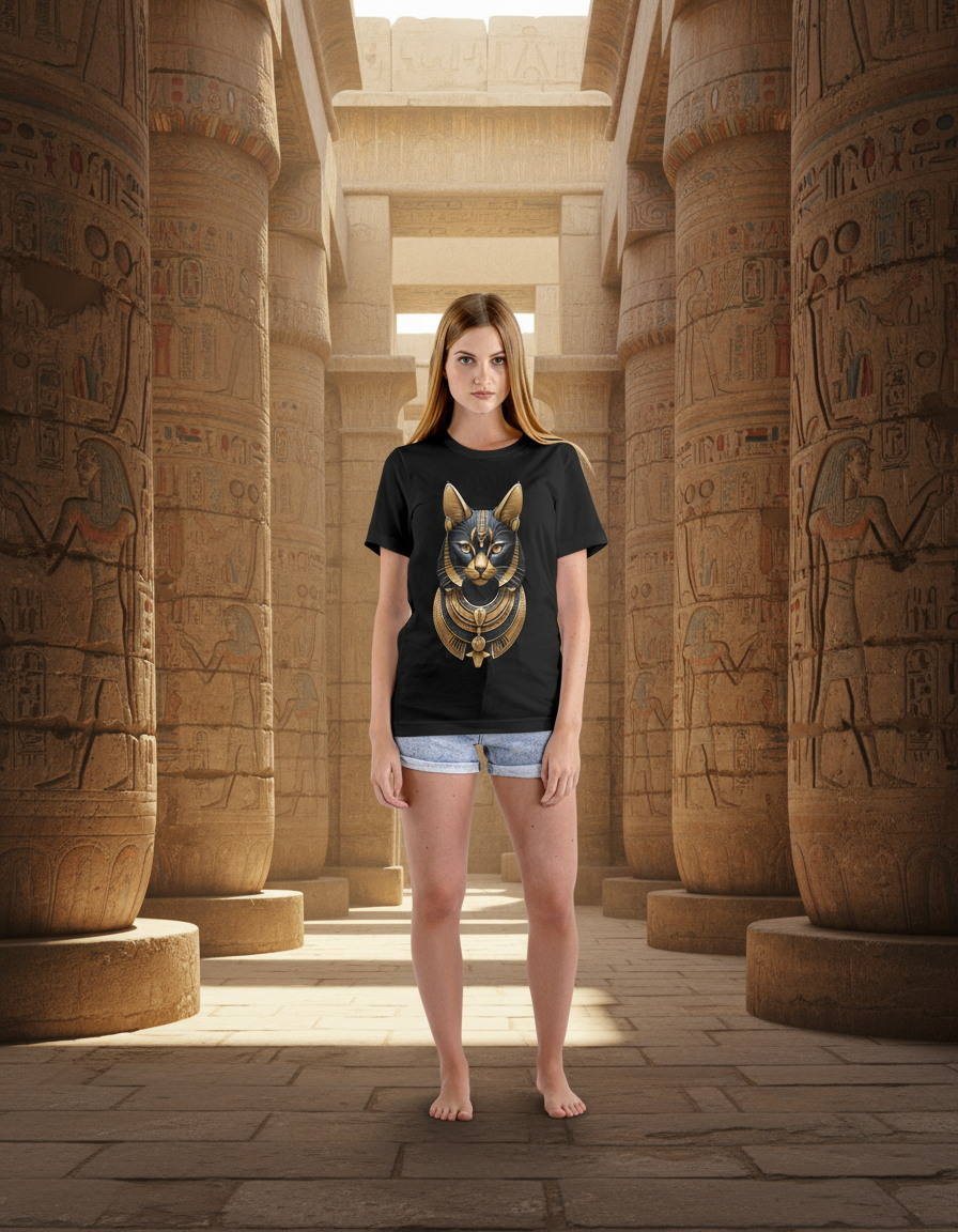 Woman wearing a black t-shirt with a cat graphic design on a white background